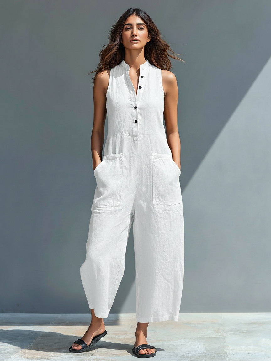 Isabela | Mono minimalista de lino para mujer, sin mangas, cuello alto y botones