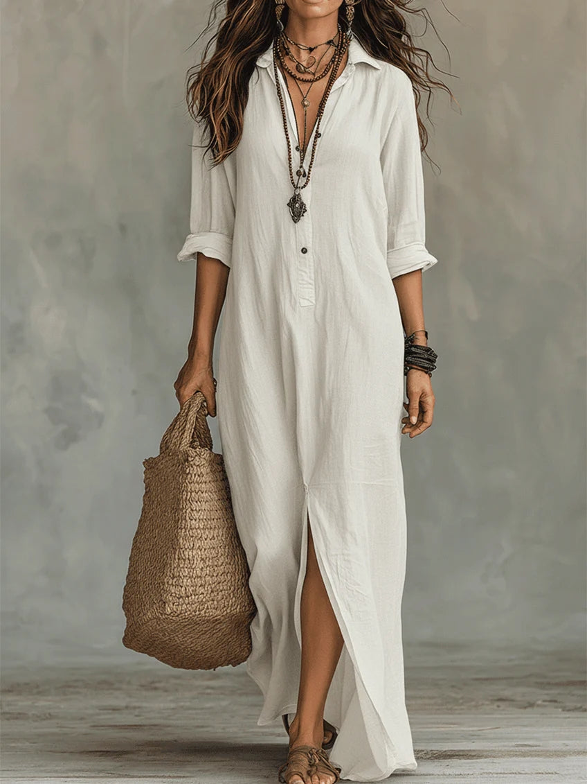 Soline™ | Vestido largo negro holgado con botones