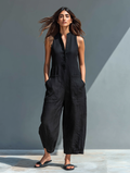 Isabela | Mono minimalista de lino para mujer, sin mangas, cuello alto y botones