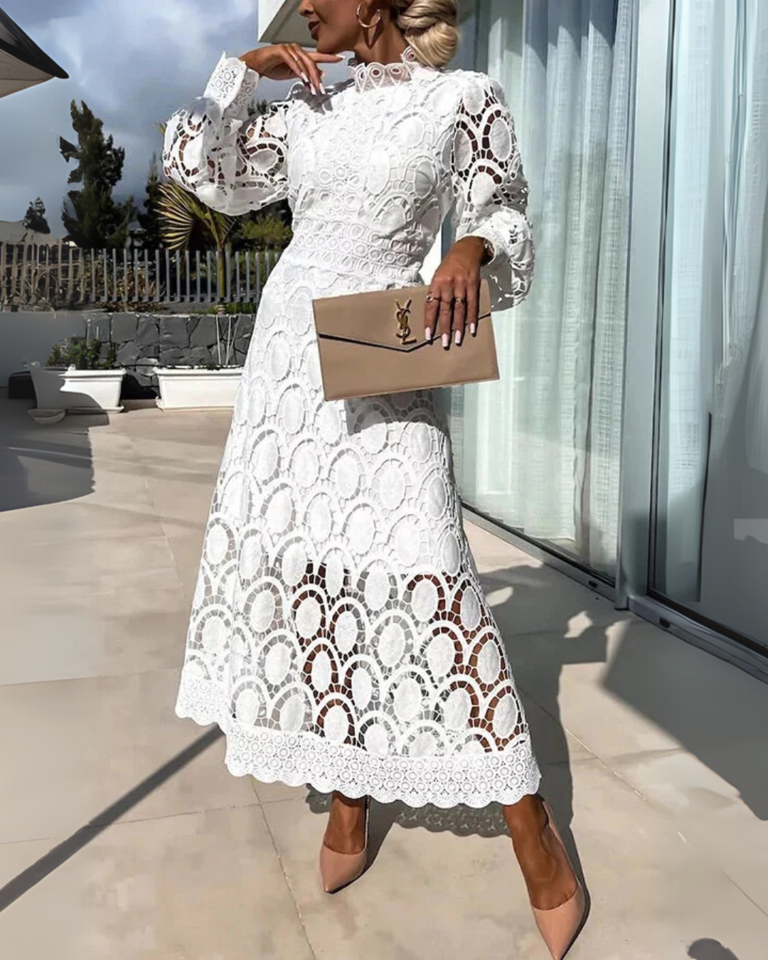 Rosalía | Vestido Largo de Encajes con Mangas Estilo Farol