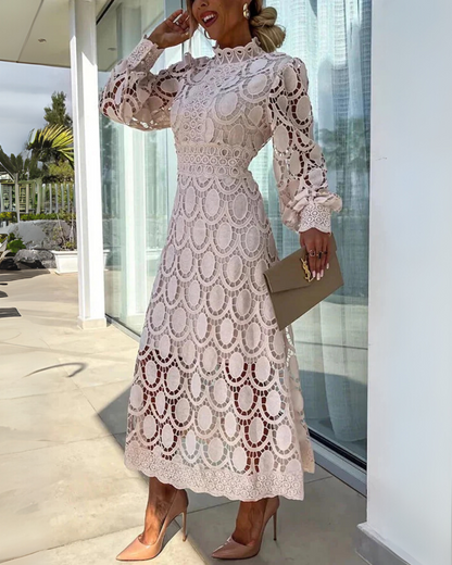 Rosalía | Vestido Largo de Encajes con Mangas Estilo Farol