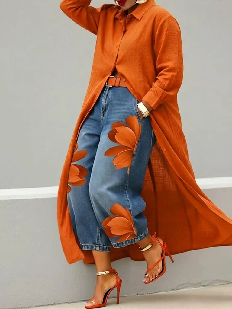 Maud | Conjunto de camisa larga y vaqueros con estampado floral