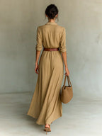 Camille™ | Vestido largo con cuello y cinturón en la cintura