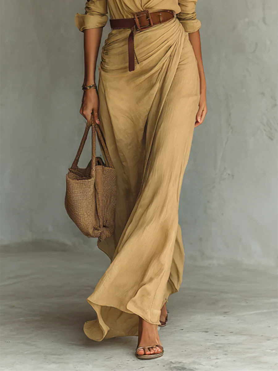 Camille™ | Vestido largo con cuello y cinturón en la cintura