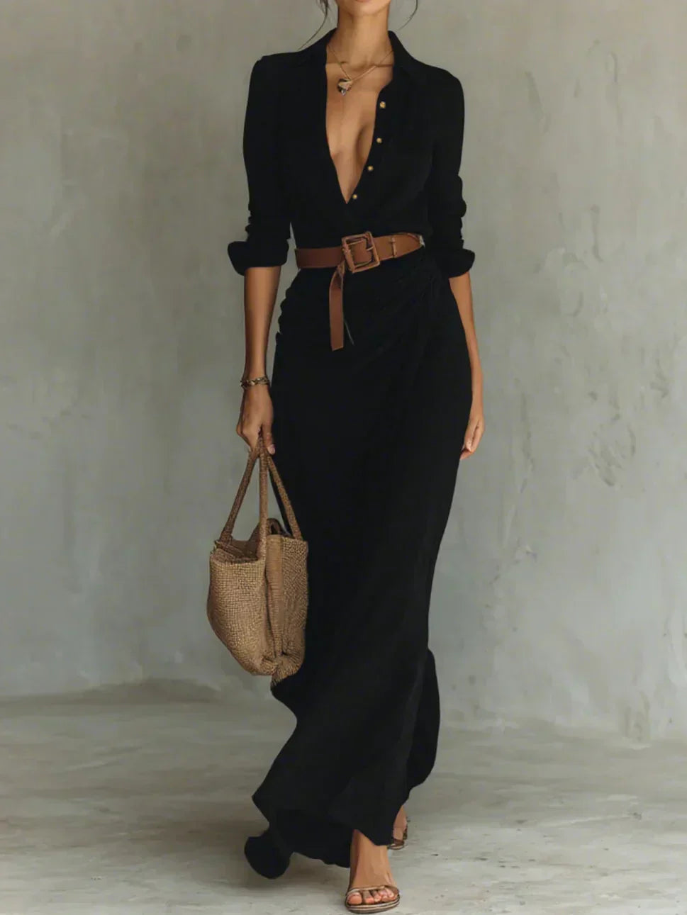 Camille™ | Vestido largo con cuello y cinturón en la cintura