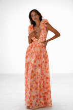 Brenda | Vestido Largo de Estampado Floral con Volantes en los Tirantes y Cinturón Decorativo