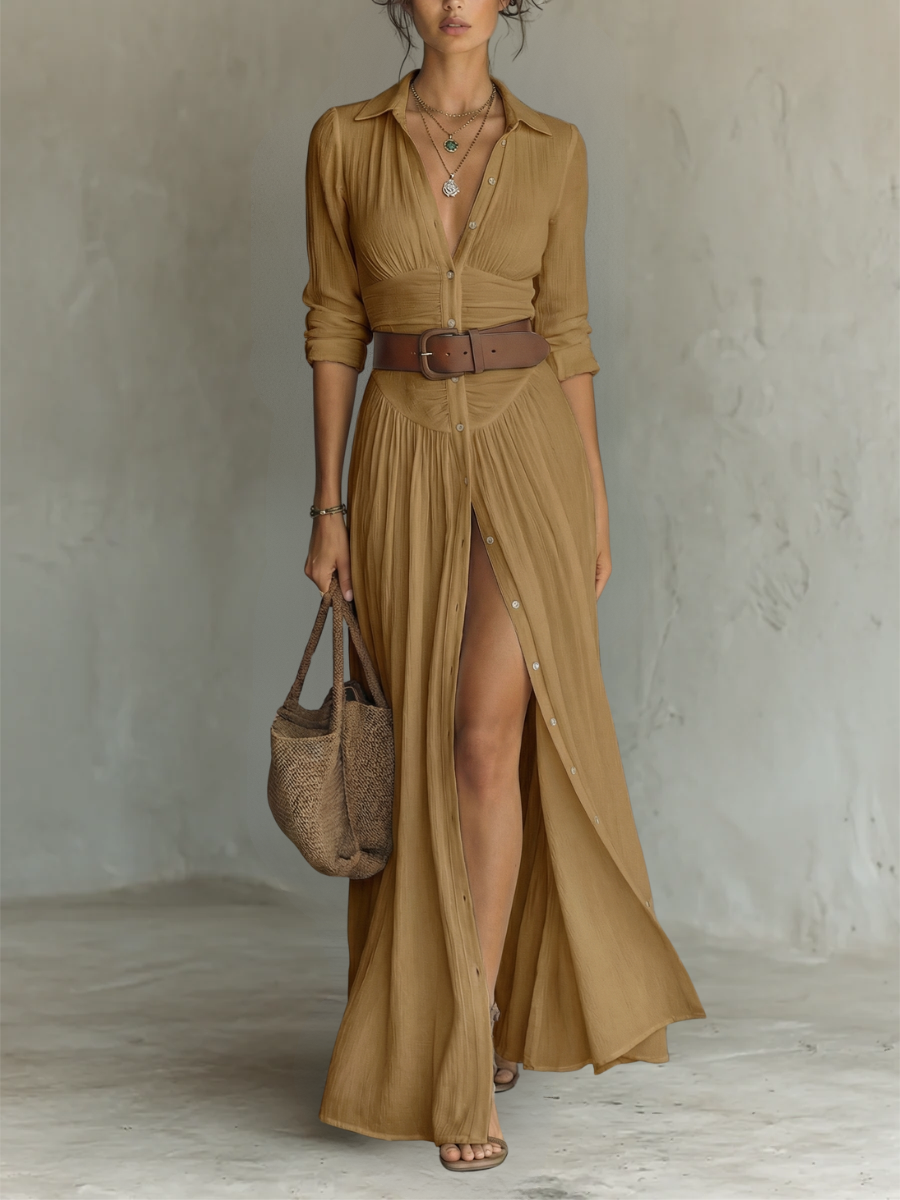 ESSENTIAL - Vestido largo de lino con cuello en V y mangas largas para mujer