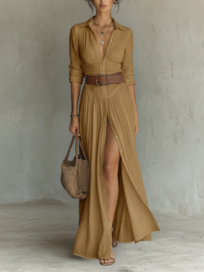 ESSENTIAL - Vestido largo de lino con cuello en V y mangas largas para mujer