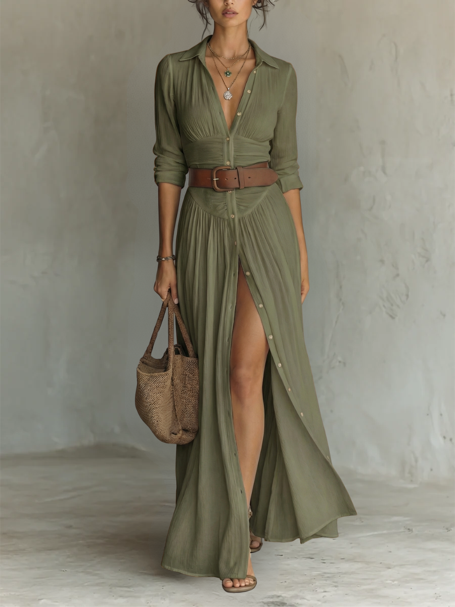 ESSENTIAL - Vestido largo de lino con cuello en V y mangas largas para mujer