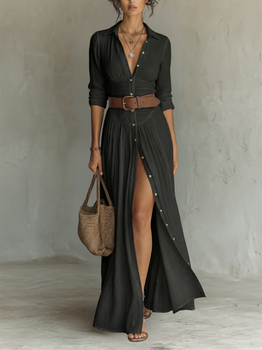 ESSENTIAL - Vestido largo de lino con cuello en V y mangas largas para mujer