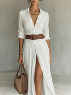 ESSENTIAL - Vestido largo de lino con cuello en V y mangas largas para mujer