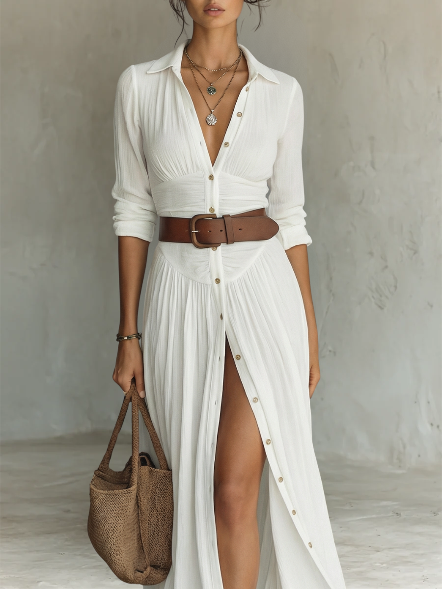ESSENTIAL - Vestido largo de lino con cuello en V y mangas largas para mujer