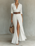 ESSENTIAL - Vestido largo de lino con cuello en V y mangas largas para mujer
