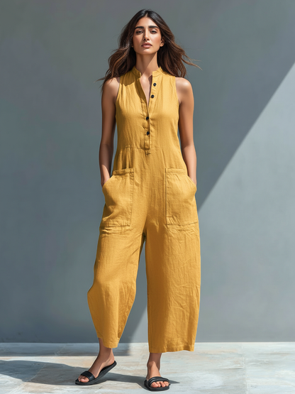 Isabela | Mono minimalista de lino para mujer, sin mangas, cuello alto y botones
