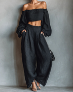 Tess™ | Conjunto con hombros al aire y pantalones anchos