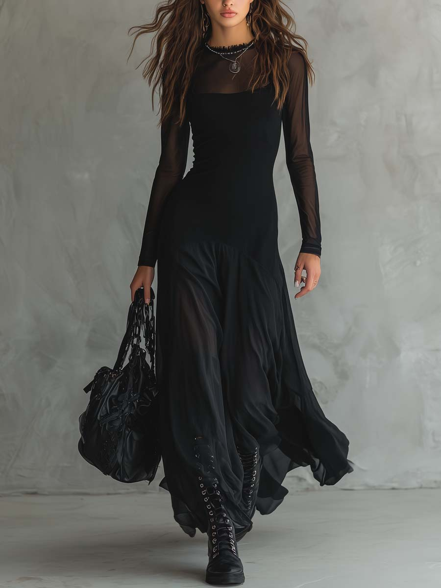 Vestido largo de tul negro de corte holgado