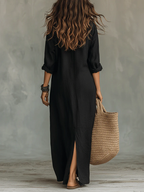 Soline™ | Vestido largo negro holgado con botones