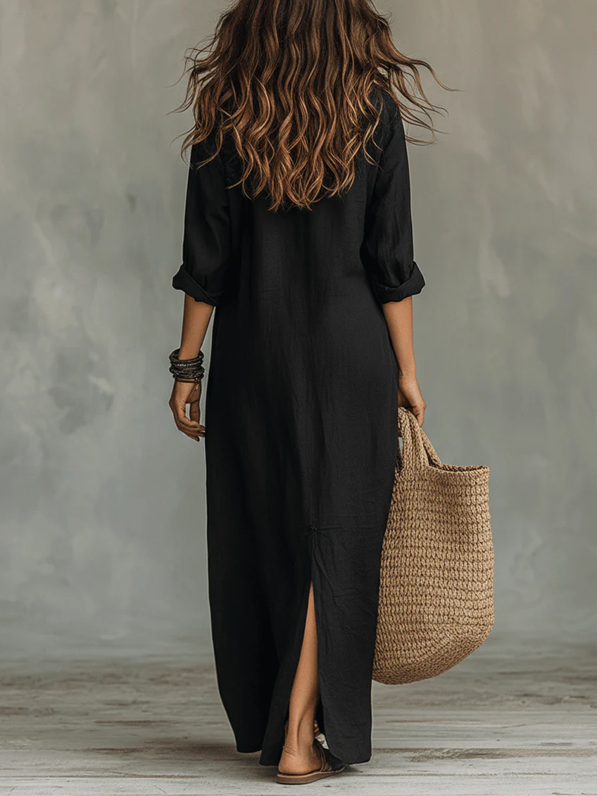 Soline™ | Vestido largo negro holgado con botones