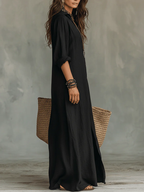 Soline™ | Vestido largo negro holgado con botones