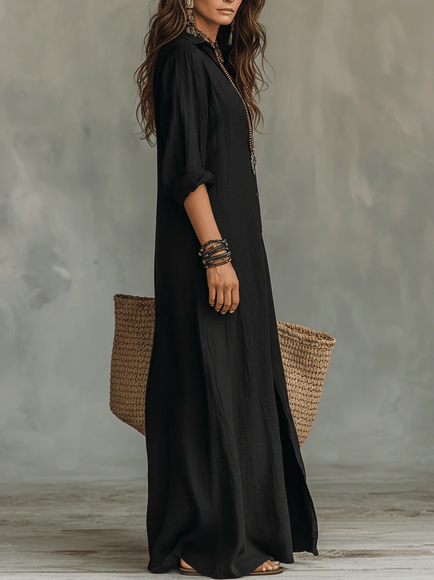Soline™ | Vestido largo negro holgado con botones