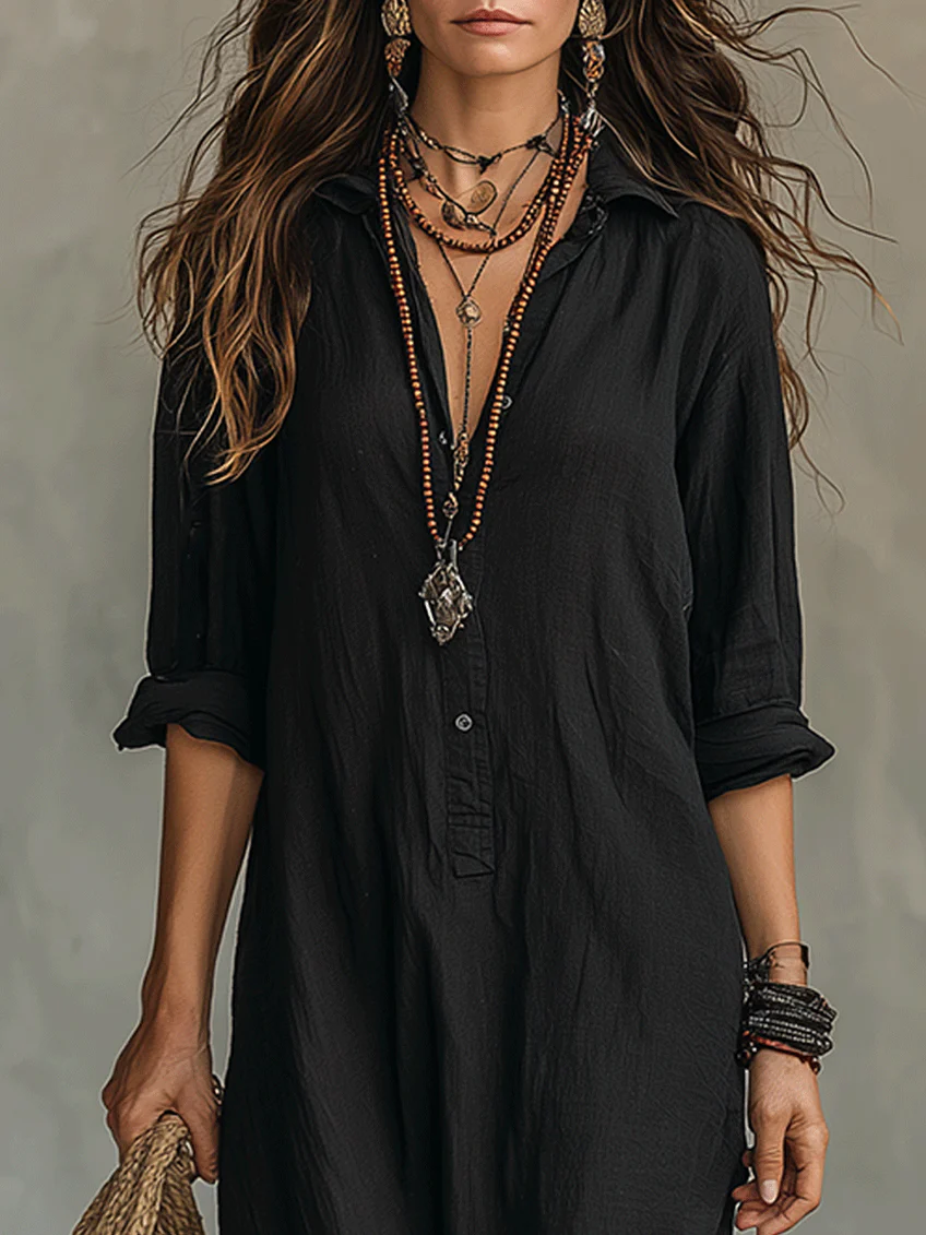 Soline™ | Vestido largo negro holgado con botones