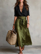 Vera™ | Conjunto de dos piezas: camiseta negra y falda midi verde oliva