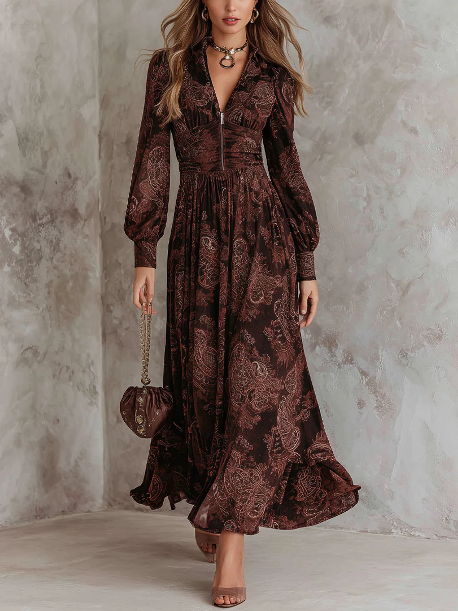 Ariane™ | Vestido largo con estampado de cachemira y cintura entallada