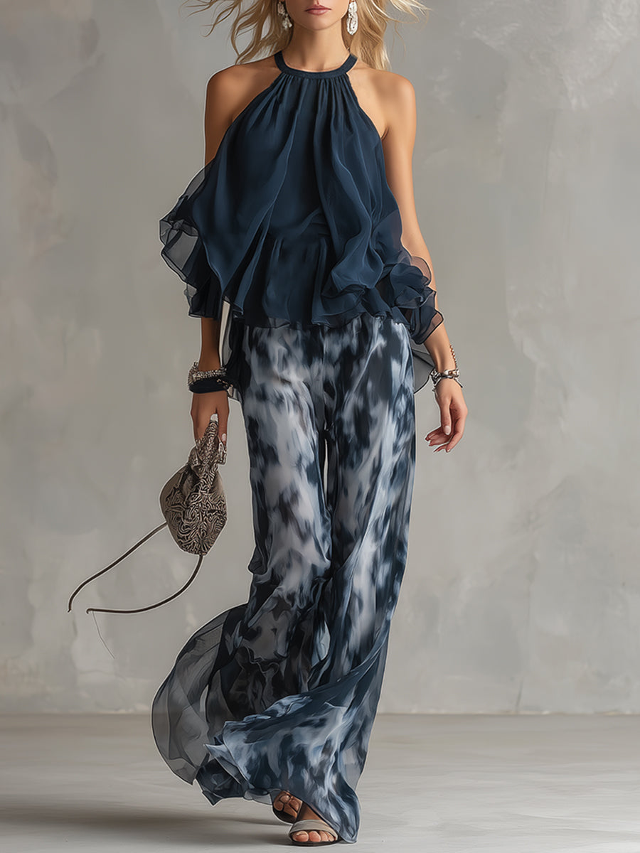 Ludovica – Elegante conjunto de gasa con top de cuello alto y pantalones anchos estampados