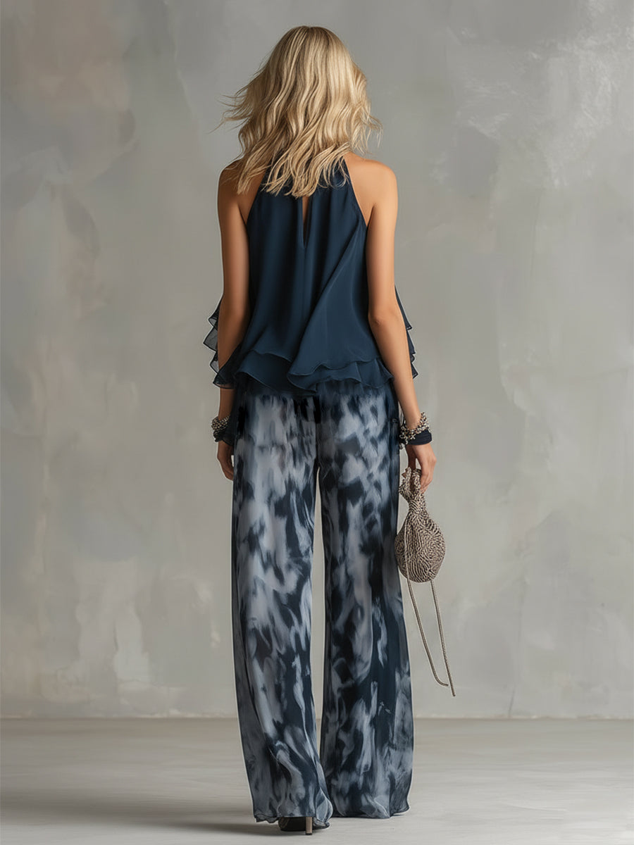 Ludovica – Elegante conjunto de gasa con top de cuello alto y pantalones anchos estampados
