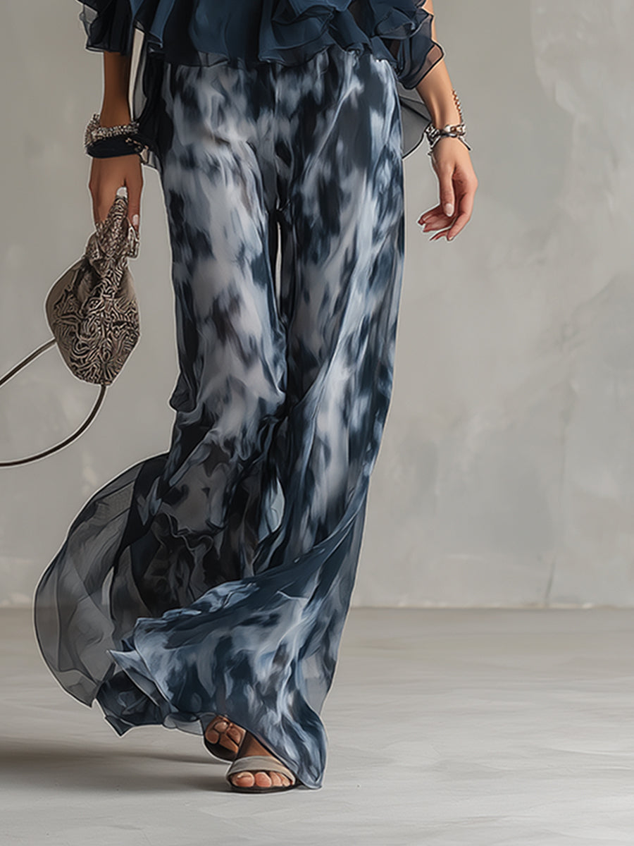 Ludovica – Elegante conjunto de gasa con top de cuello alto y pantalones anchos estampados