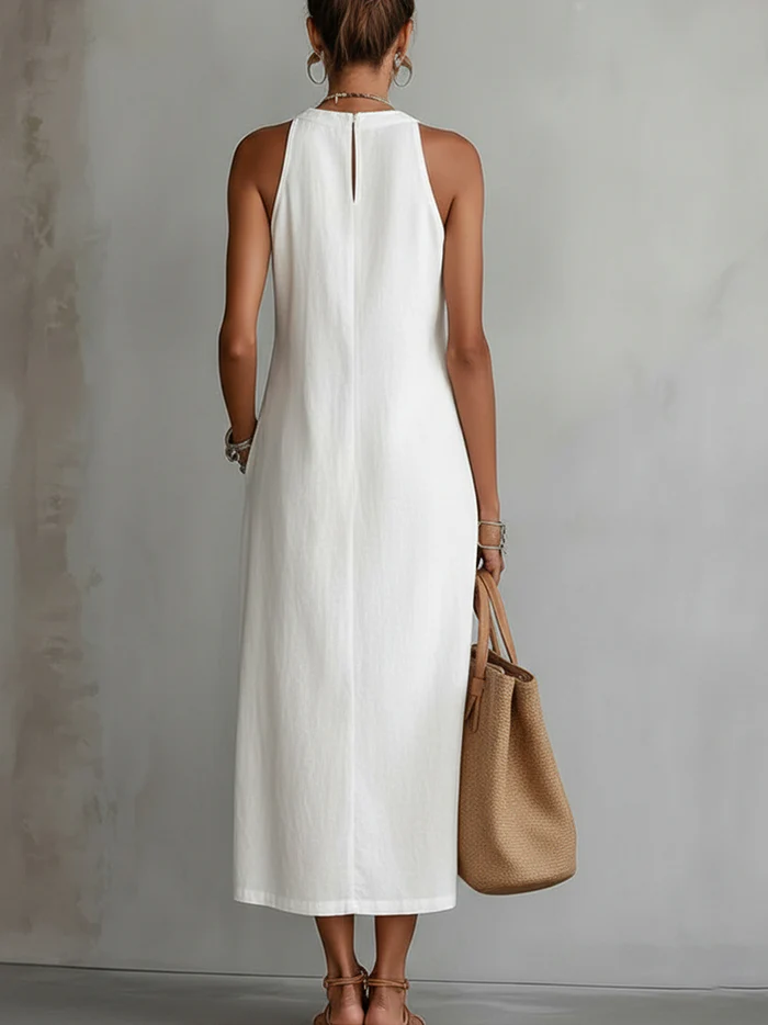 Carmen | Vestido midi de lino con cuello mao