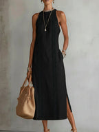 Carmen | Vestido midi de lino con cuello mao